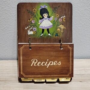Vintage Wood Recipe Card Holder Tabbed Dividers MCM With Handwritten Recipes